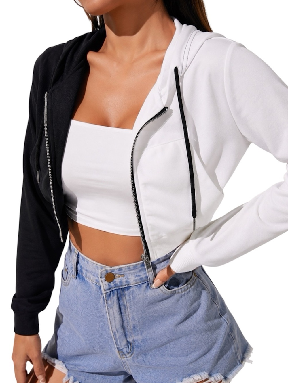 SHEIN PETITE Black & White Zip Up Crop Hoodie M Petite
